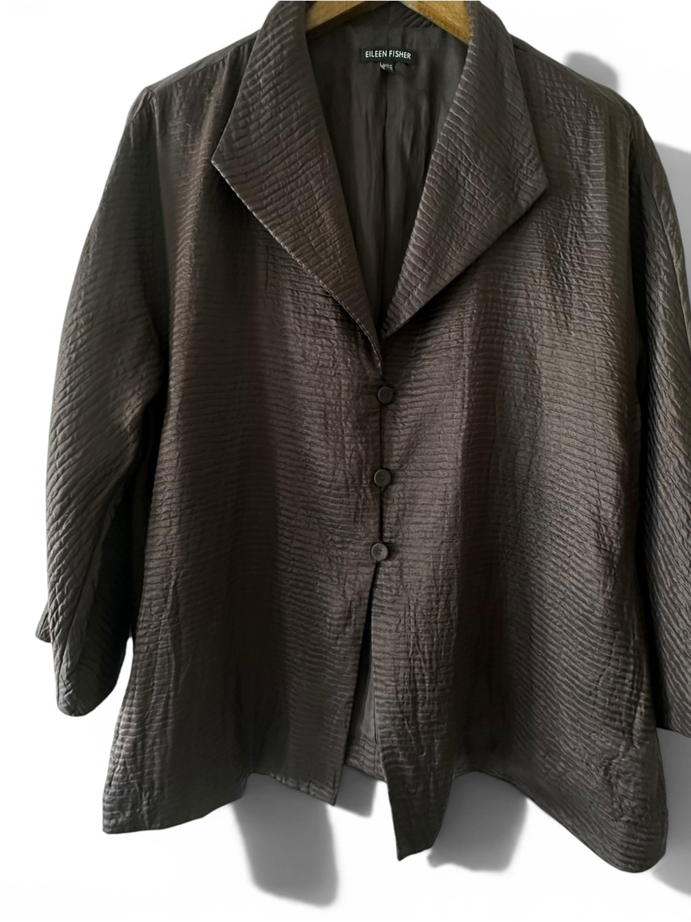 Eileen Fisher Brown Textured Silk-Wool Three-Button Jacket - Size M